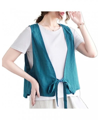 Women's Cotton Linen Vest Casual Sleeveless Jacket Tie Front Blazer Waistcoat Lightweight Summer Vest Blue $11.65 Vests