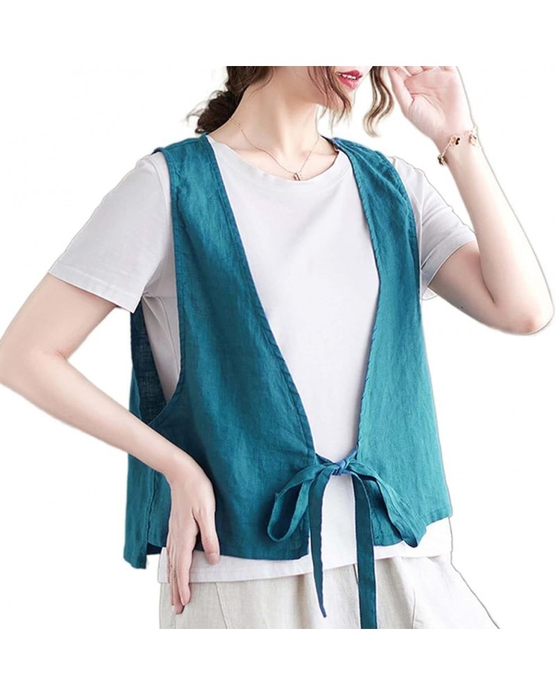 Women's Cotton Linen Vest Casual Sleeveless Jacket Tie Front Blazer Waistcoat Lightweight Summer Vest Blue $11.65 Vests