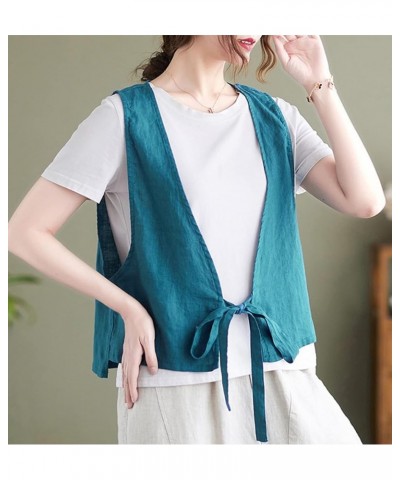 Women's Cotton Linen Vest Casual Sleeveless Jacket Tie Front Blazer Waistcoat Lightweight Summer Vest Blue $11.65 Vests