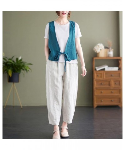 Women's Cotton Linen Vest Casual Sleeveless Jacket Tie Front Blazer Waistcoat Lightweight Summer Vest Blue $11.65 Vests