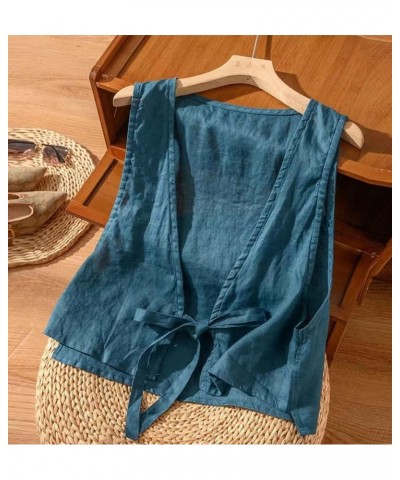 Women's Cotton Linen Vest Casual Sleeveless Jacket Tie Front Blazer Waistcoat Lightweight Summer Vest Blue $11.65 Vests