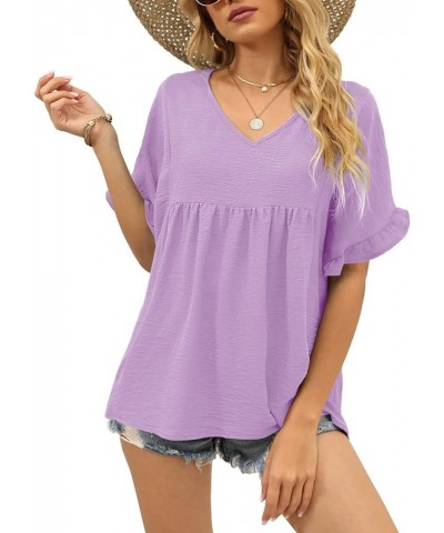 Womens Tops Casual V Neck Ruffle Sleeve T Shirts Babydoll Loose Fit Peplum Tops 2-lavender $9.00 Blouses