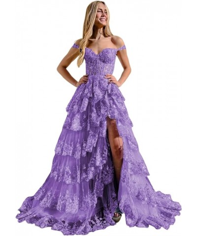 Glitter Tiered Prom Dresses for Women 2024 Tulle Off Shoulder Formal Party Dress SYYS403 Purple $38.54 Dresses