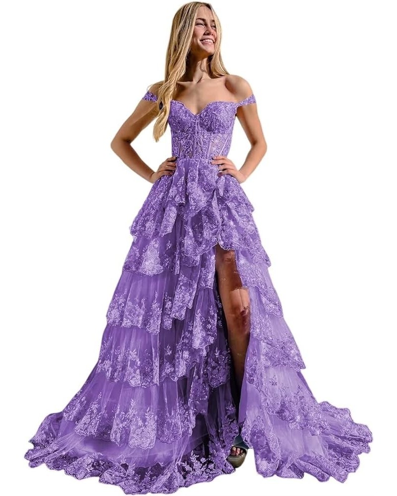 Glitter Tiered Prom Dresses for Women 2024 Tulle Off Shoulder Formal Party Dress SYYS403 Purple $38.54 Dresses