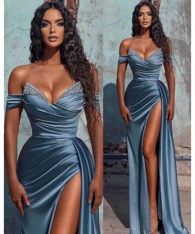 Women's Off Shoulder Mermaid Prom Dresses 2022 Long Satin Evening Gowns Slit Beaded Formal Party Bridesmaid Dress Hot Pink $4...