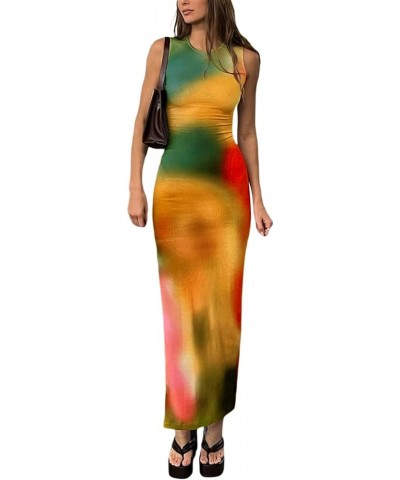 Women Casual Tie Dye Print Sleeveless Bodycon Maxi Tank Dresses Y2k Side Split Knee Length Long Beach Party Dress 2023 Green ...