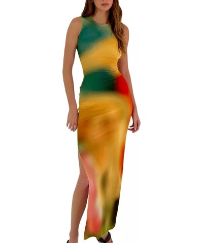 Women Casual Tie Dye Print Sleeveless Bodycon Maxi Tank Dresses Y2k Side Split Knee Length Long Beach Party Dress 2023 Green ...