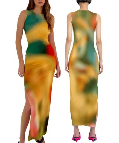 Women Casual Tie Dye Print Sleeveless Bodycon Maxi Tank Dresses Y2k Side Split Knee Length Long Beach Party Dress 2023 Green ...