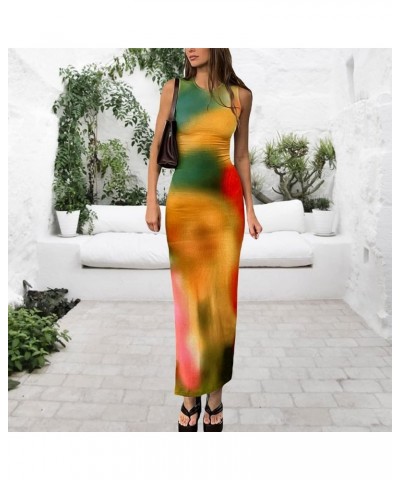 Women Casual Tie Dye Print Sleeveless Bodycon Maxi Tank Dresses Y2k Side Split Knee Length Long Beach Party Dress 2023 Green ...