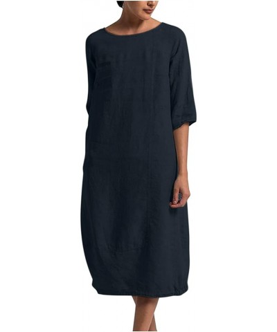 Cotton Linen Dresses for Women Solid Color Round Neck Half Sleeve Midi Dress Ladies Casual Shift Midi Length Dress Navy $10.1...