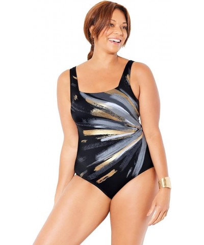 Women's Plus Size Chlorine Resistant Square Neck Tummy Control One Piece Swimsuit Black Gold Starburst $25.40 Swimsuits