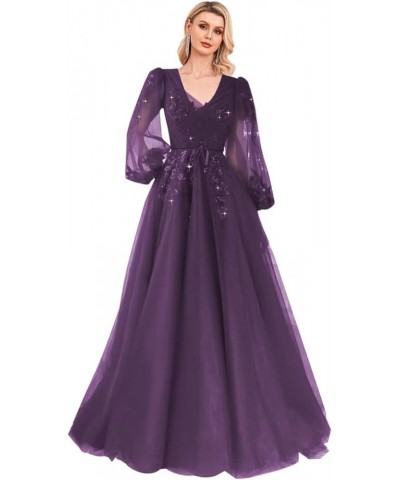 Sequin Applique Long Sleeve Prom Dress Sparkly Tulle Ball Gown A Line V Neck Formal Evening Gowns Grape $33.60 Dresses