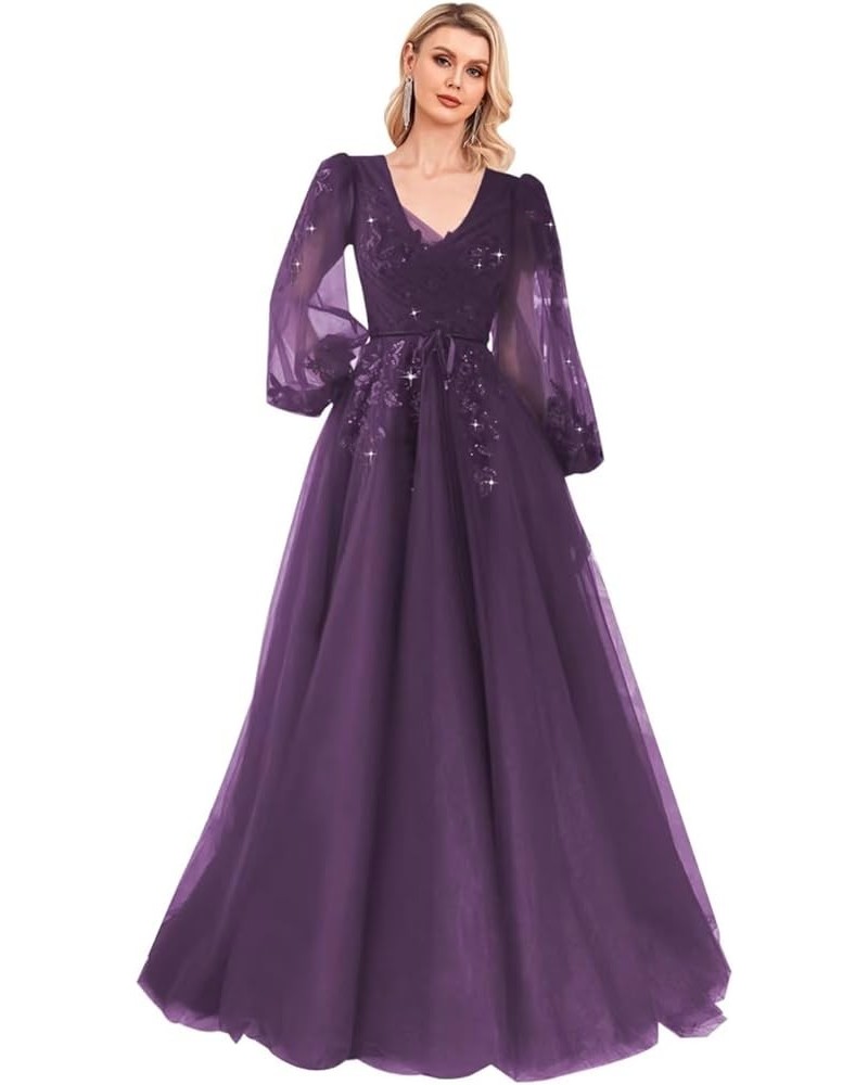 Sequin Applique Long Sleeve Prom Dress Sparkly Tulle Ball Gown A Line V Neck Formal Evening Gowns Grape $33.60 Dresses