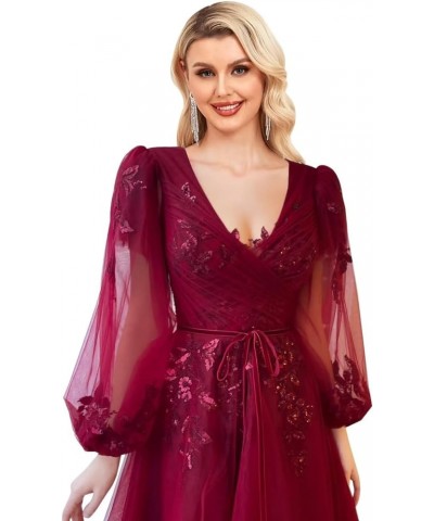 Sequin Applique Long Sleeve Prom Dress Sparkly Tulle Ball Gown A Line V Neck Formal Evening Gowns Grape $33.60 Dresses