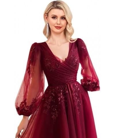 Sequin Applique Long Sleeve Prom Dress Sparkly Tulle Ball Gown A Line V Neck Formal Evening Gowns Grape $33.60 Dresses