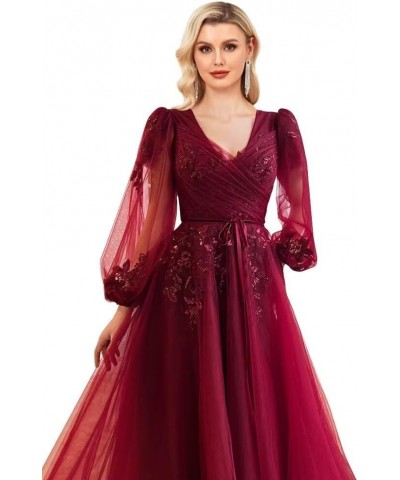 Sequin Applique Long Sleeve Prom Dress Sparkly Tulle Ball Gown A Line V Neck Formal Evening Gowns Grape $33.60 Dresses