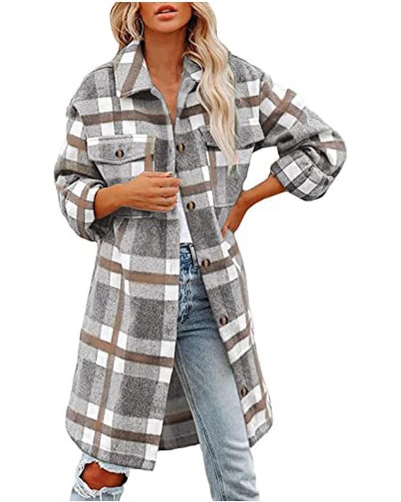 Shacket Jacket Women Flannel Shirts Long Sleeve Fall Fashion Jackets Button Down Plaid Shirts Coats with Side Pocket C-khaki ...