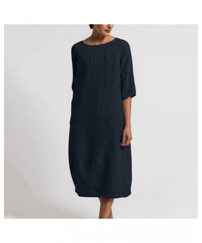 Cotton Linen Dresses for Women Solid Color Round Neck Half Sleeve Midi Dress Ladies Casual Shift Midi Length Dress Navy $10.1...