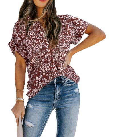 Women Summer Casual Split V Neckline Chiffon Blouses Loose Tunic Short Sleeve Tops X Brick Red Floral $13.64 Blouses