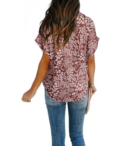 Women Summer Casual Split V Neckline Chiffon Blouses Loose Tunic Short Sleeve Tops X Brick Red Floral $13.64 Blouses