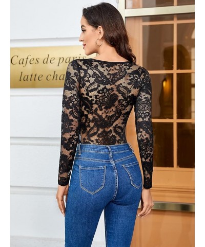 Women's Solid Deep V Neck Lace Long Sleeve Tee Shirt Bodysuit Tops Black Hollow $9.89 Bodysuits