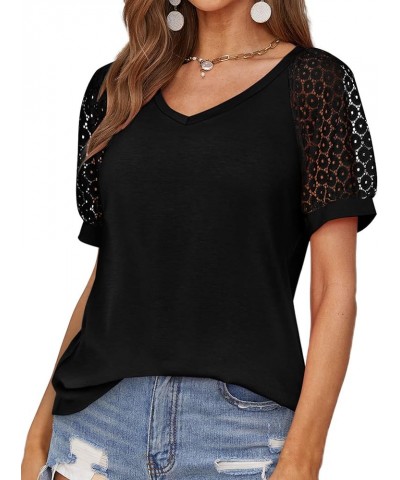 Womens Lace Short Sleeve Blouses V Neck T Shirt Dressy Casual Tops 01-black $7.64 Tops