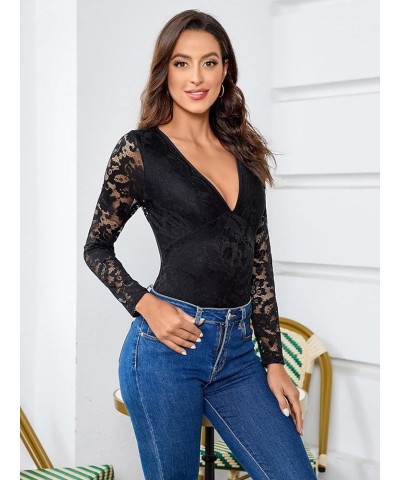 Women's Solid Deep V Neck Lace Long Sleeve Tee Shirt Bodysuit Tops Black Hollow $9.89 Bodysuits