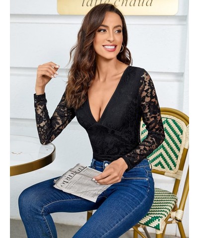 Women's Solid Deep V Neck Lace Long Sleeve Tee Shirt Bodysuit Tops Black Hollow $9.89 Bodysuits