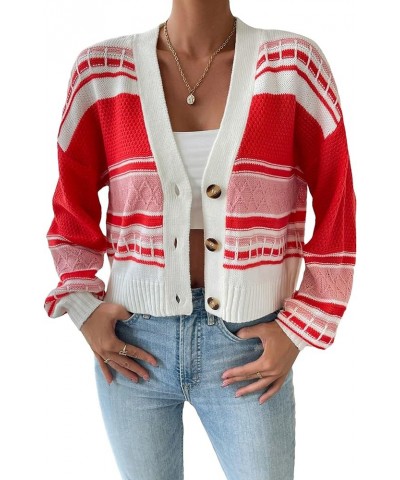 Women's Color Block Geo Print V Neck Button Down Loose Cropped Cardigan Sweater Red $20.24 Sweaters