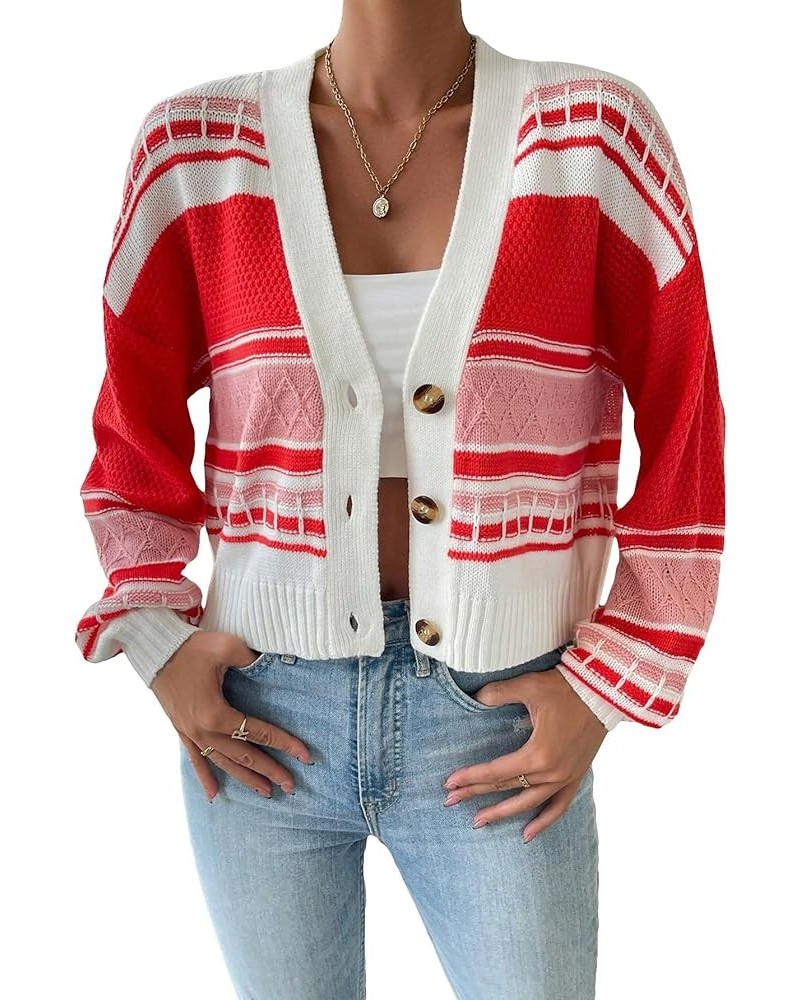 Women's Color Block Geo Print V Neck Button Down Loose Cropped Cardigan Sweater Red $20.24 Sweaters