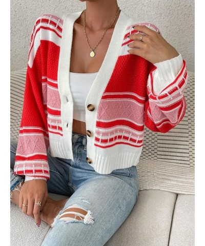 Women's Color Block Geo Print V Neck Button Down Loose Cropped Cardigan Sweater Red $20.24 Sweaters