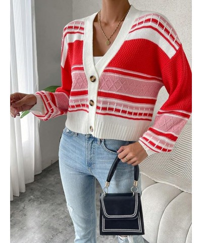 Women's Color Block Geo Print V Neck Button Down Loose Cropped Cardigan Sweater Red $20.24 Sweaters