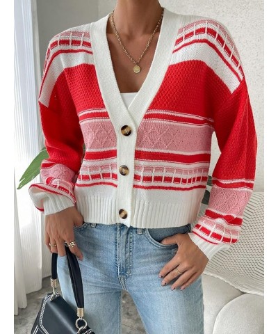 Women's Color Block Geo Print V Neck Button Down Loose Cropped Cardigan Sweater Red $20.24 Sweaters