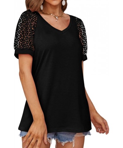 Womens Lace Short Sleeve Blouses V Neck T Shirt Dressy Casual Tops 01-black $7.64 Tops