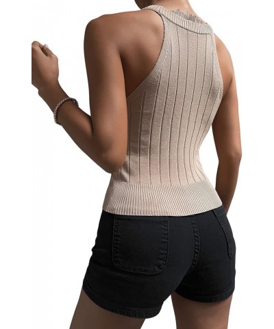 Women's Casual Ribbed Knit Halter Tank Top Slim Fitted Sleeveless T Shirts Mocha Brown $10.12 Tanks