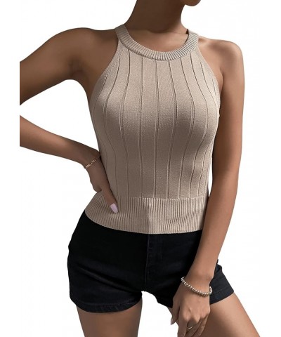 Women's Casual Ribbed Knit Halter Tank Top Slim Fitted Sleeveless T Shirts Mocha Brown $10.12 Tanks