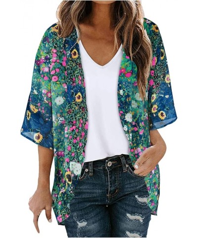 Womens Floral Print Puff Sleeve Kimono Cardigan 3/4 Sleeve Beach Cover Up Loose Light Weight Summer Casual Blouse Tops 20_gre...