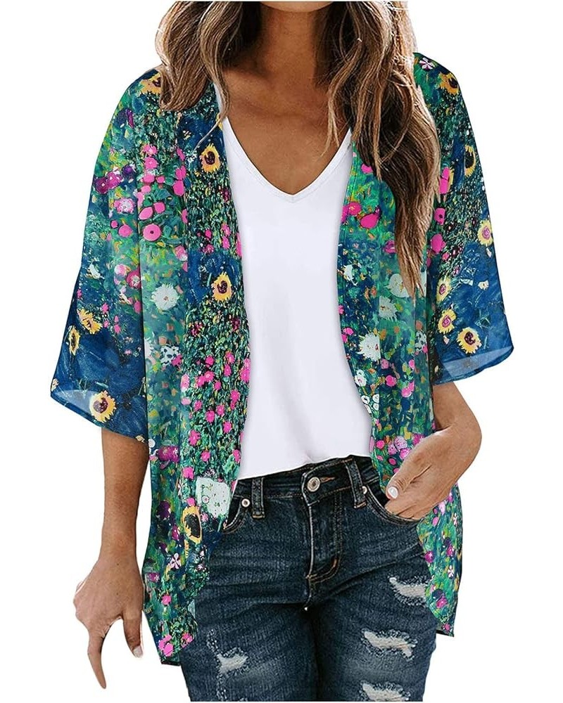 Womens Floral Print Puff Sleeve Kimono Cardigan 3/4 Sleeve Beach Cover Up Loose Light Weight Summer Casual Blouse Tops 20_gre...