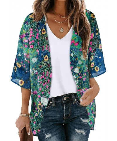 Womens Floral Print Puff Sleeve Kimono Cardigan 3/4 Sleeve Beach Cover Up Loose Light Weight Summer Casual Blouse Tops 20_gre...