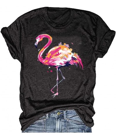 Women's Short Sleeve Round Neck Loose Cute Animal Flamingo Print Tee T-Shirt Top Dark Grey $9.87 T-Shirts