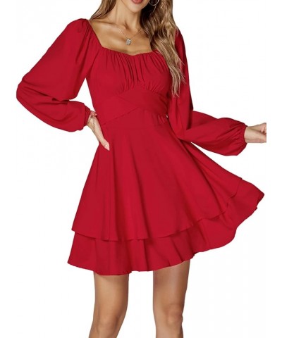 Women's Lantern Long Sleeve Wrap Tie Back Square Neck Double Layer Ruffle Hem A Line Short Mini Dress Red $24.47 Dresses