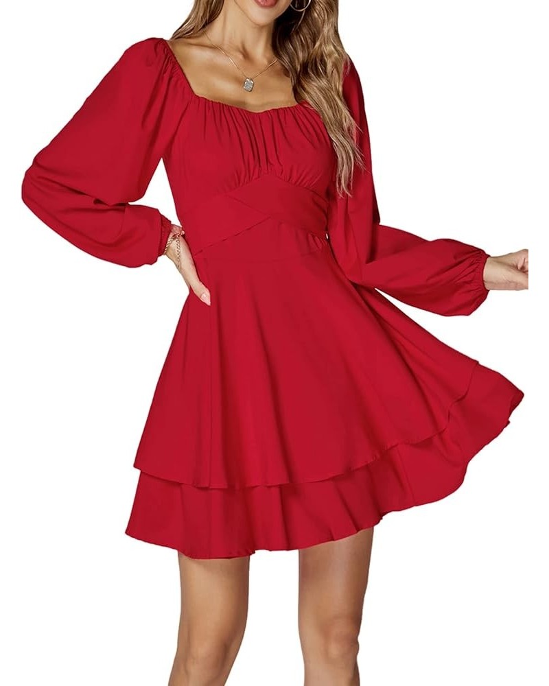 Women's Lantern Long Sleeve Wrap Tie Back Square Neck Double Layer Ruffle Hem A Line Short Mini Dress Red $24.47 Dresses