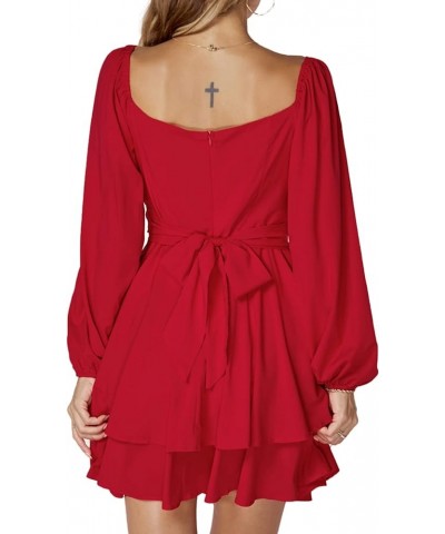 Women's Lantern Long Sleeve Wrap Tie Back Square Neck Double Layer Ruffle Hem A Line Short Mini Dress Red $24.47 Dresses