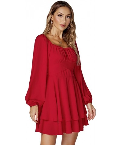 Women's Lantern Long Sleeve Wrap Tie Back Square Neck Double Layer Ruffle Hem A Line Short Mini Dress Red $24.47 Dresses