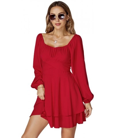 Women's Lantern Long Sleeve Wrap Tie Back Square Neck Double Layer Ruffle Hem A Line Short Mini Dress Red $24.47 Dresses