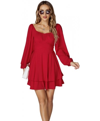 Women's Lantern Long Sleeve Wrap Tie Back Square Neck Double Layer Ruffle Hem A Line Short Mini Dress Red $24.47 Dresses