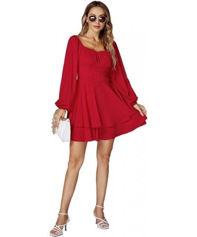 Women's Lantern Long Sleeve Wrap Tie Back Square Neck Double Layer Ruffle Hem A Line Short Mini Dress Red $24.47 Dresses