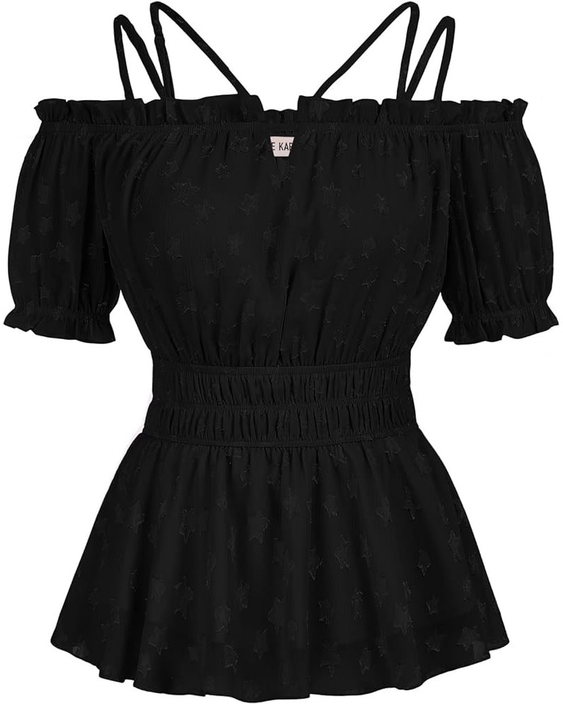 Peplum Tops for Women Puff Short Sleeve Chiffon Blouses Cold Shoulder Tops Summer Shirt Babydoll Tops Black-star(textured) $1...