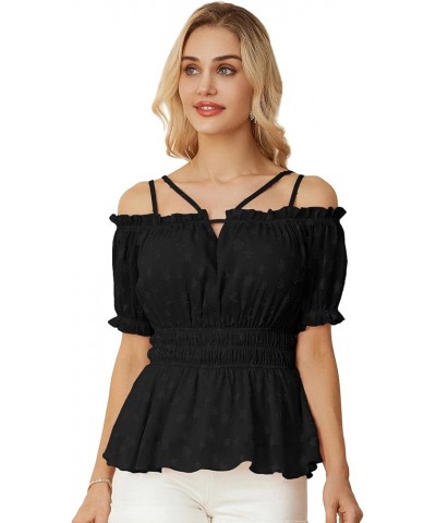 Peplum Tops for Women Puff Short Sleeve Chiffon Blouses Cold Shoulder Tops Summer Shirt Babydoll Tops Black-star(textured) $1...