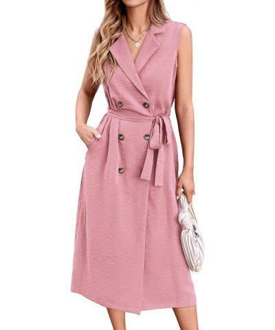 Casual Business Dress 2024 Summer Work Office Lapel V Neck Slit Belted Sleeveless Button Down Dresses with Pockets Solid Pink...